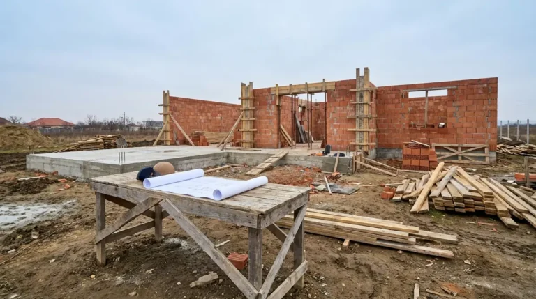 Șantier de casă la stadiul de fundație și zidărie