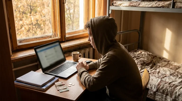 Student la birou într-o cameră de cămin studențesc