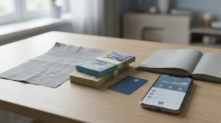 Extras de cont, bancnote si card pe birou, analiza comisioanelor bancare