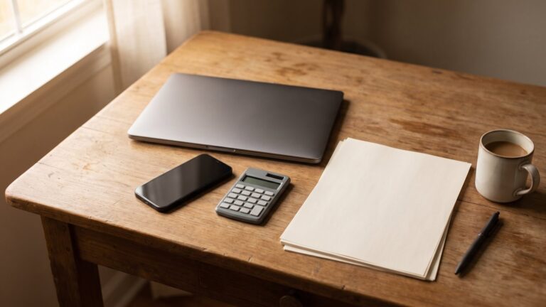 Birou de lucru cu laptop, telefon și calculator de buzunar, pentru verificarea comisioanelor bancare