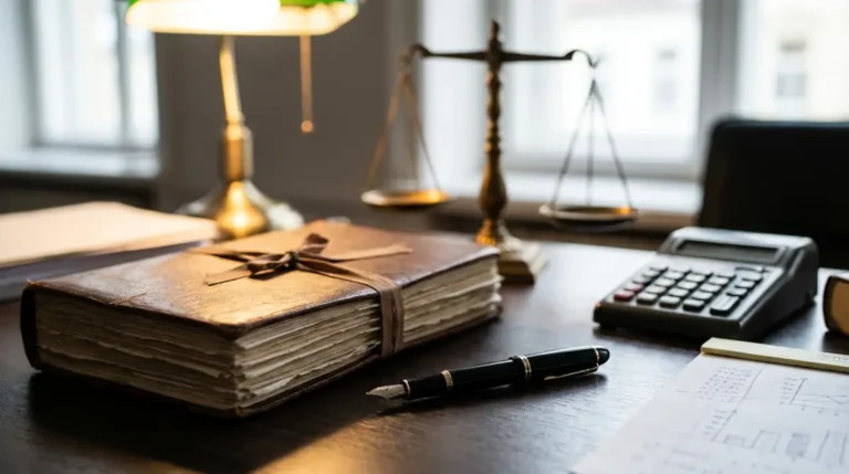 Birou de avocat cu documente contractuale, pix si calculator