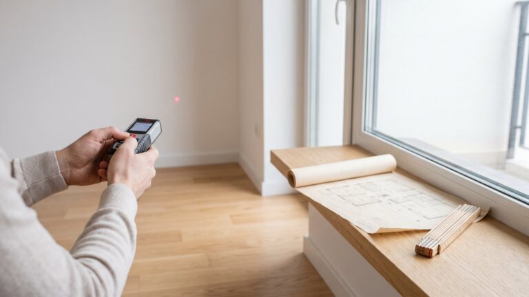 Măsurarea suprafeței unui apartament cu telemetru laser, lângă planul de releveu