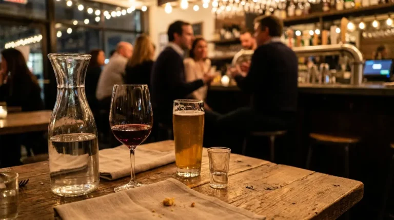 Pahar de vin, bere si tarie pe o masa de restaurant seara