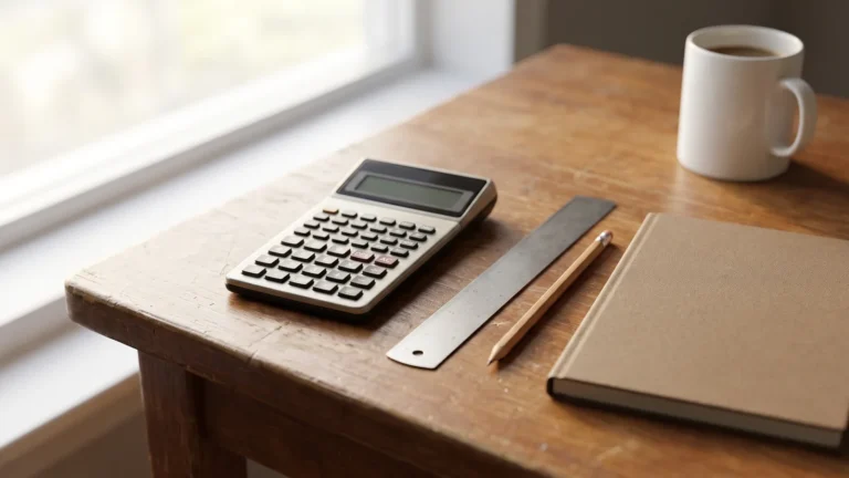 Calculator științific, riglă metalică, creion și un caiet închis pe un birou de lemn, în lumina blândă de dimineață dinspre fereastră.