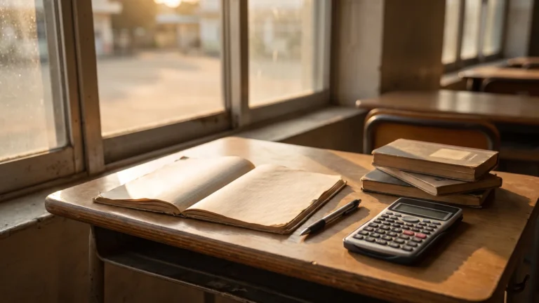Birou de elev lângă fereastra unei clase, cu un caiet de matematică deschis, un pix, un calculator științific și un teanc de cărți de școală