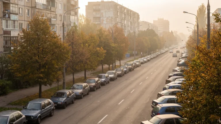 Bulevard urban dimineața devreme, cu mașini parcate pe ambele părți, copaci de toamnă și blocuri de locuințe învăluite în ceață aurie.