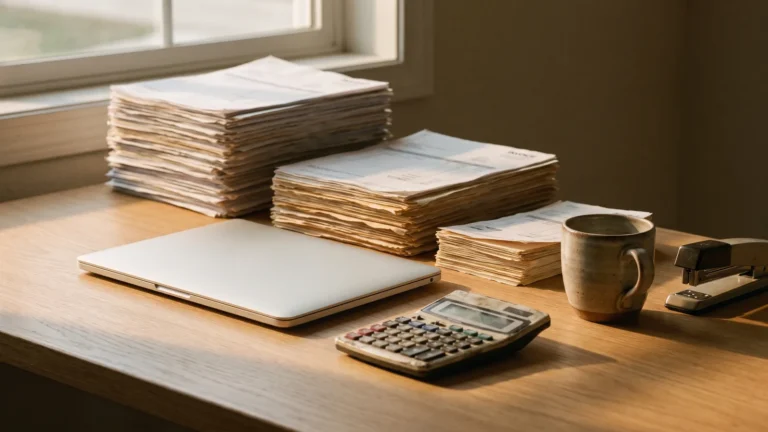 Birou de acasă cu două teancuri de facturi de înălțimi diferite, un laptop închis, un calculator de buzunar și o cană de cafea