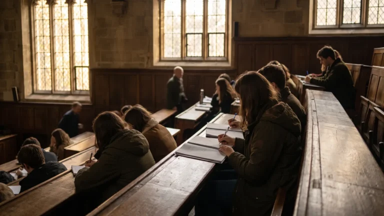 Amfiteatru universitar cu studenți așezați în bănci care iau notițe în caiete, lumină naturală care intră prin ferestre înalte