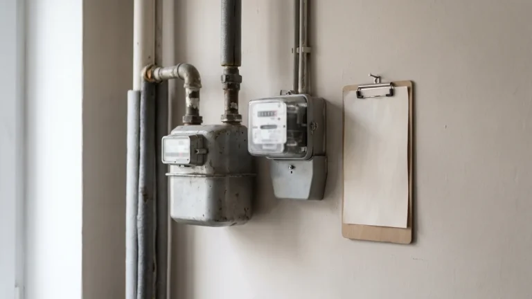 Contor de gaz și contor electric montate pe peretele unui hol de bloc, cu țevi și conducte vizibile, folosite pentru citirea lunară a consumului