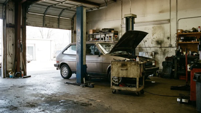 Mașină veche ridicată pe elevator într-un service auto independent, cu capota deschisă și căruciorul de scule alături, pregătită pentru evaluarea reparațiilor