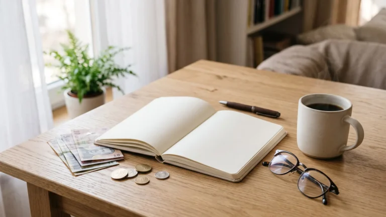Birou de acasă cu bancnote, carnet și cafea, planificarea economiilor
