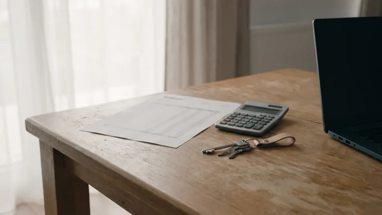 Masă de bucătărie cu documente de credit, un calculator și chei de casă, ilustrând decizia de plată anticipată la creditul ipotecar.