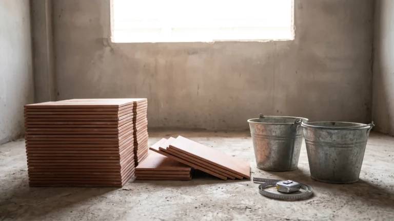 Șantier de renovare cu plăci ceramice stivuite, găleți metalice și o ruletă pe pardoseala de beton, ilustrând rezerva de materiale la o lucrare.