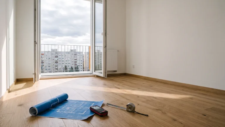 Cameră de apartament renovat, goală, cu parchet de stejar deschis, un plan de arhitectură parțial desfășurat pe jos, un telemetru laser și o ruletă metalică